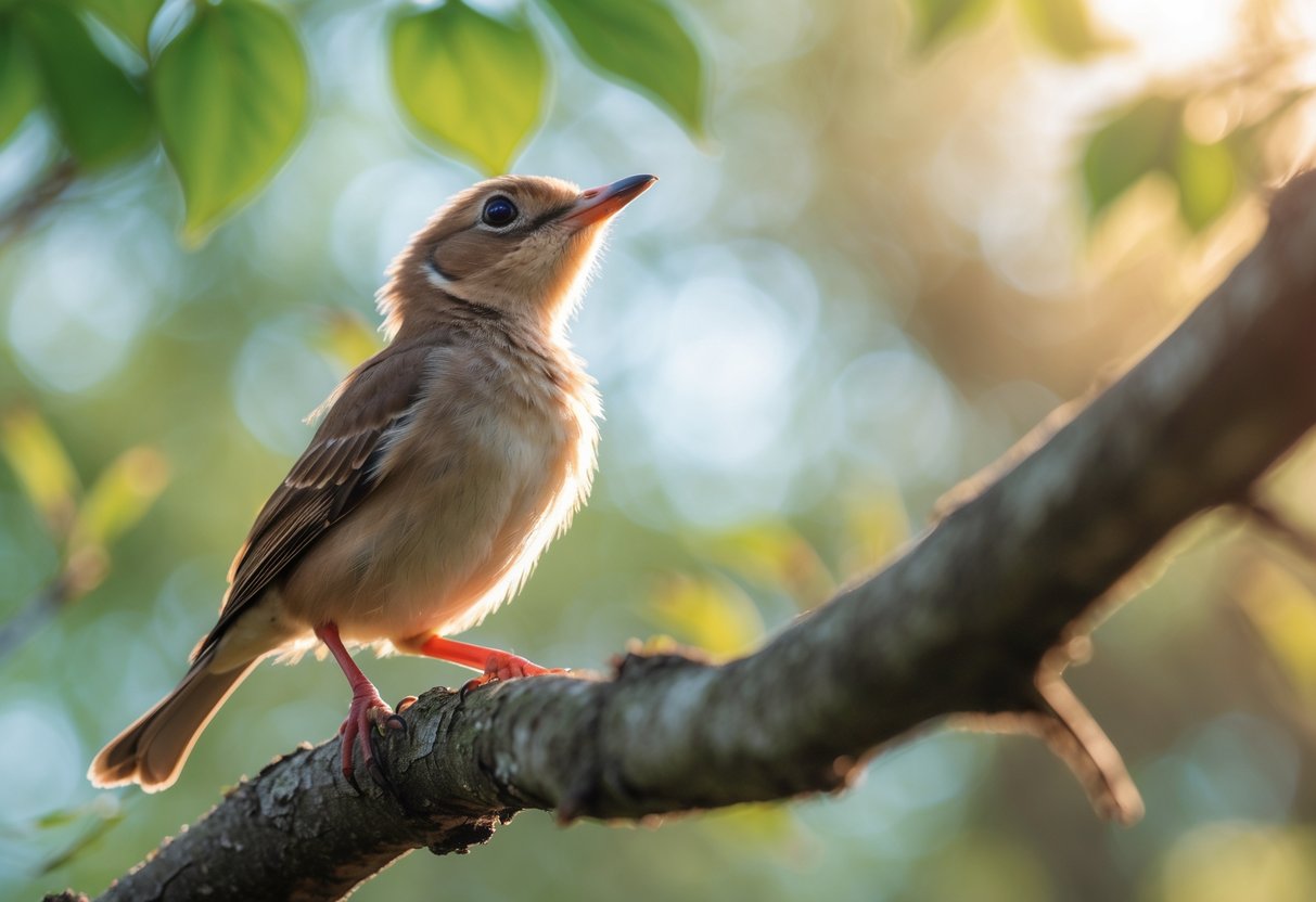 A young bird perched on a tree branch looking upwards with wings partially spread in a forest setting.