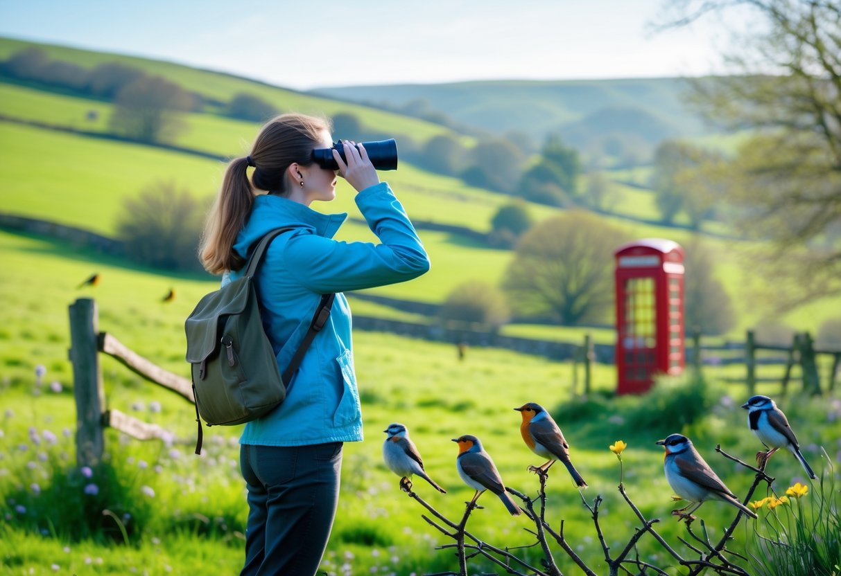 Person bird watching with binoculars in a green UK countryside setting with trees, wildflowers, and birds nearby.