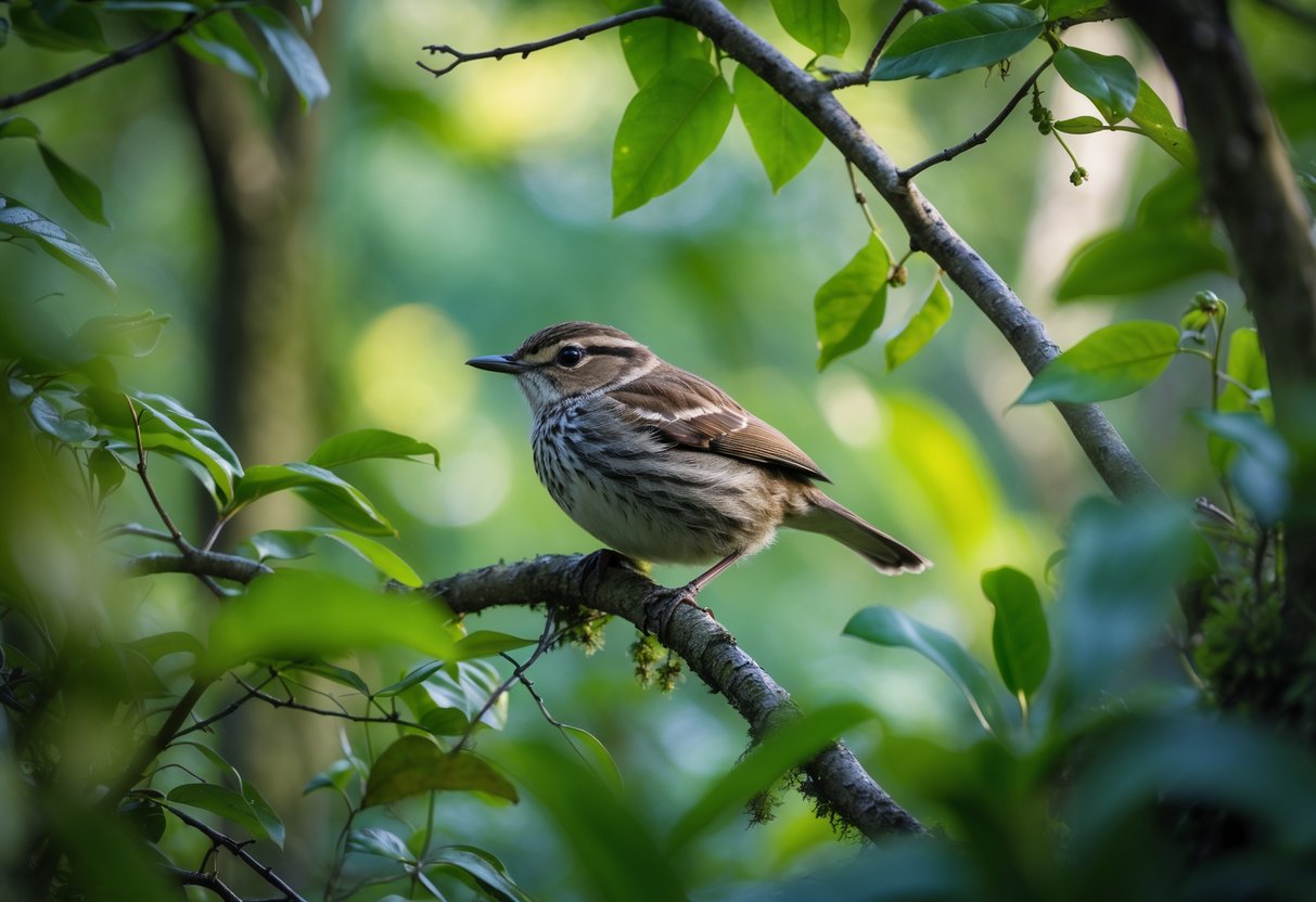 A small, camouflaged bird perched quietly among green leaves and tree branches in a dense forest.