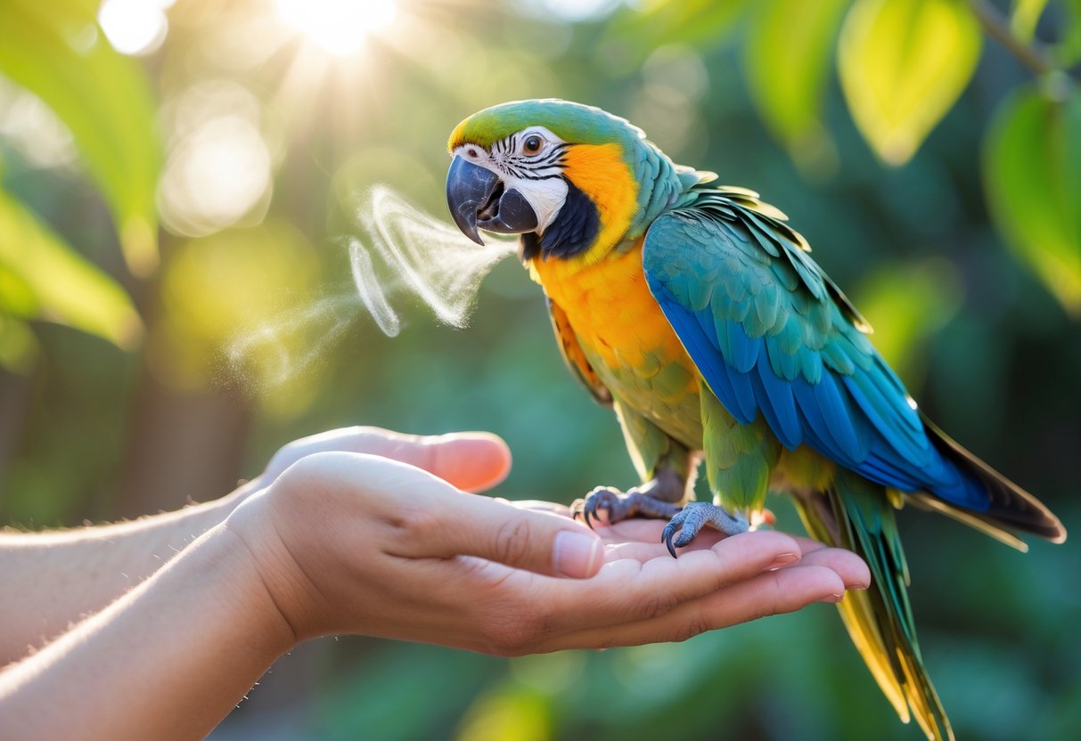 A colorful parrot perched on a person's hand outdoors with green leaves in the background.