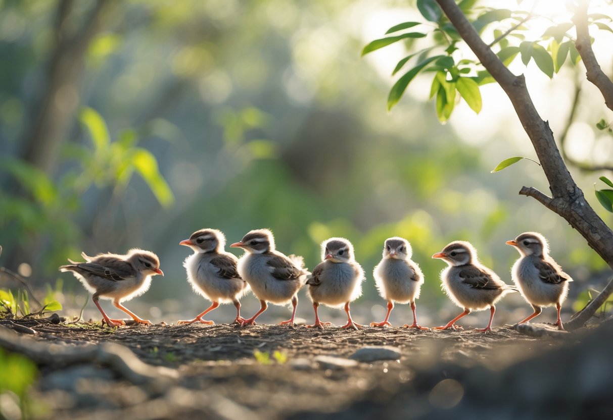 Young birds walking on the ground and others flapping wings on low branches in a green natural setting.