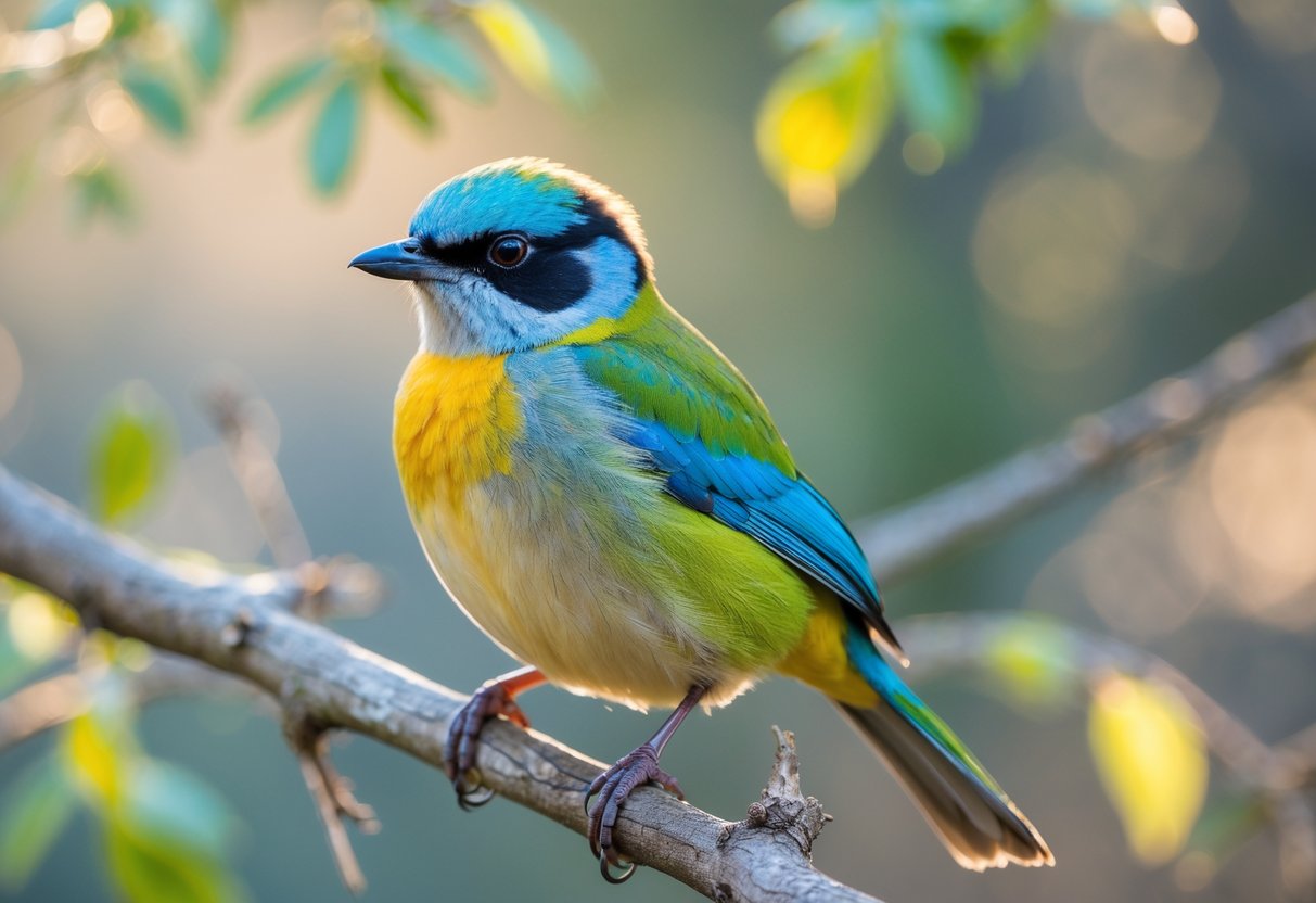 A colorful bird perched on a branch with vibrant feathers and a blurred natural background.