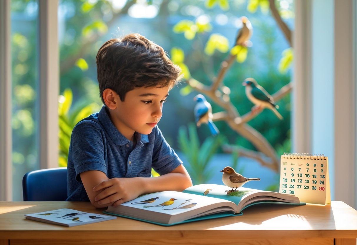 A young person reading a bird book at a desk with a bird figurine and a calendar, looking out a window at birds in a garden.