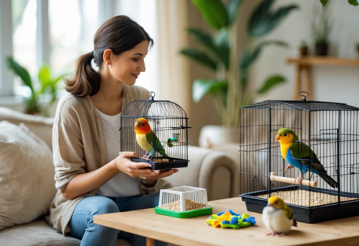 A person holds a small birdcage with a bird inside, looking thoughtfully at it while another bird perches nearby in a cozy living room.