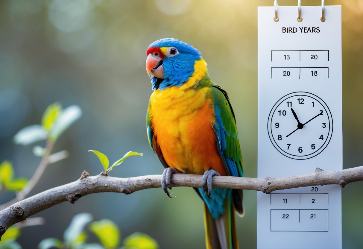 A colorful bird perched on a branch with a faint image of a calendar in the background, symbolizing the passage of time.