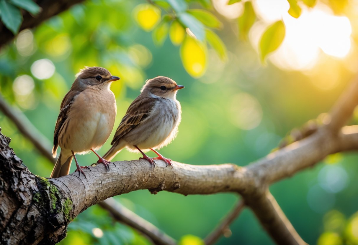 Two birds perched on a tree branch, one appearing older with developed feathers and the other younger with softer plumage.