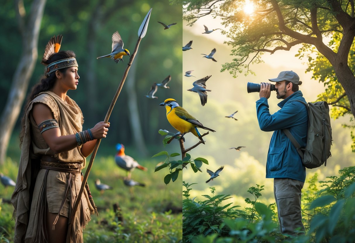A person in ancient hunting clothes with a spear watches birds in a forest, while a modern bird watcher uses binoculars nearby among trees and birds.