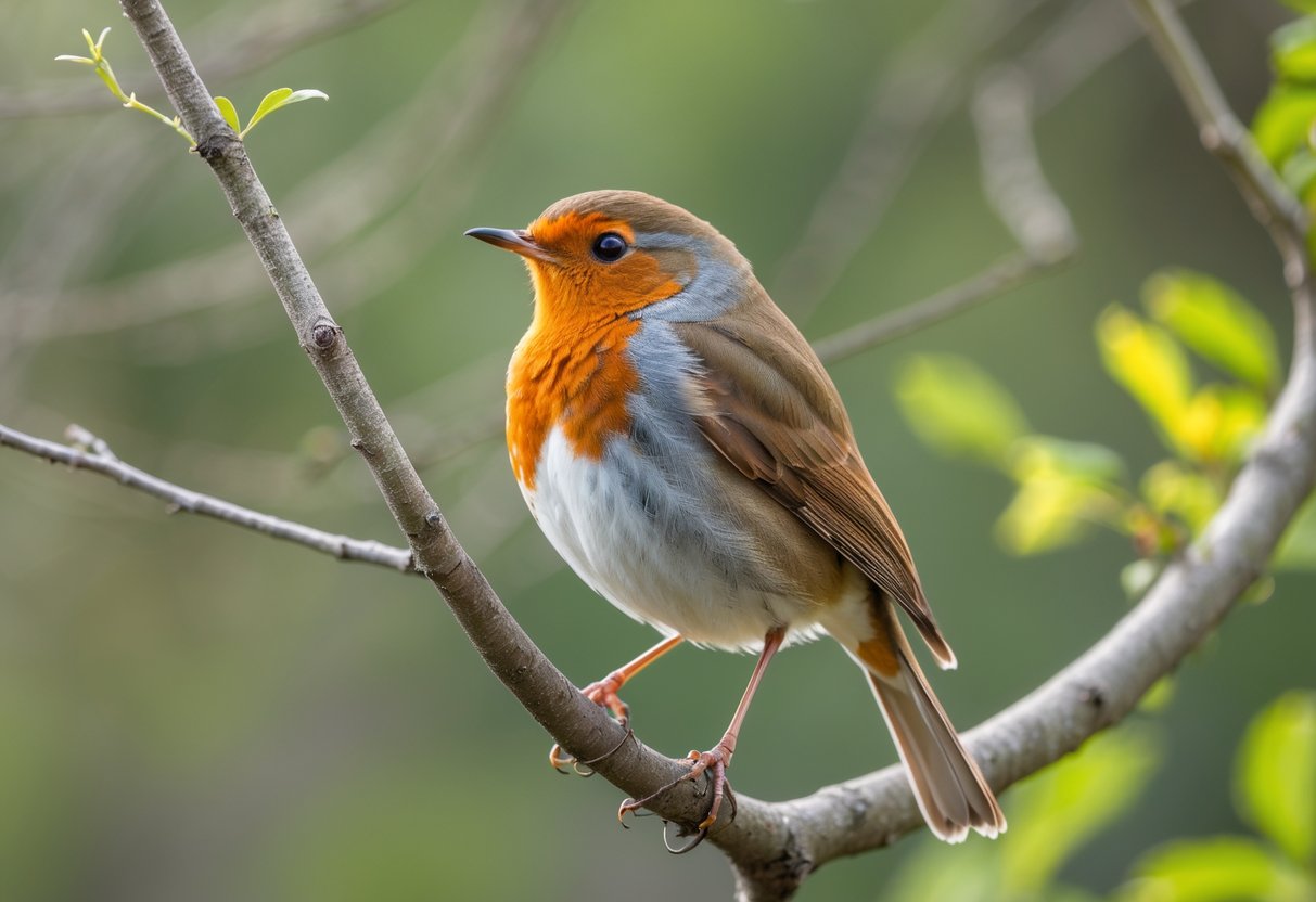 A robin perched on a tree branch with green foliage in the background.