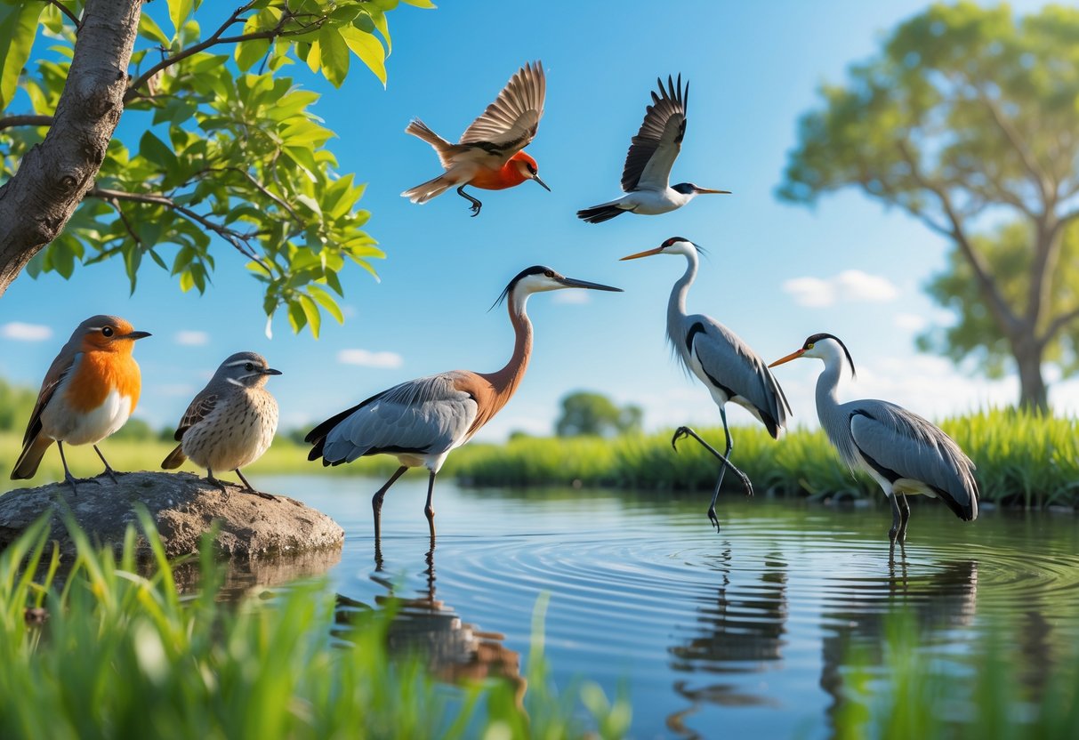 A natural outdoor scene showing five different birds including a robin, swift, crane, heron, and quail near trees and a pond.