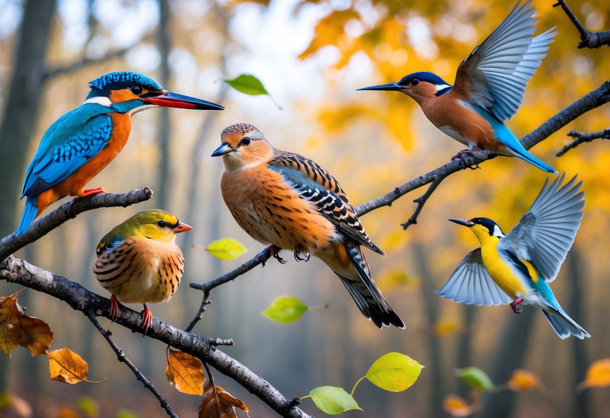 A group of colorful birds perched on branches and flying in a forest setting with sunlight filtering through the trees.