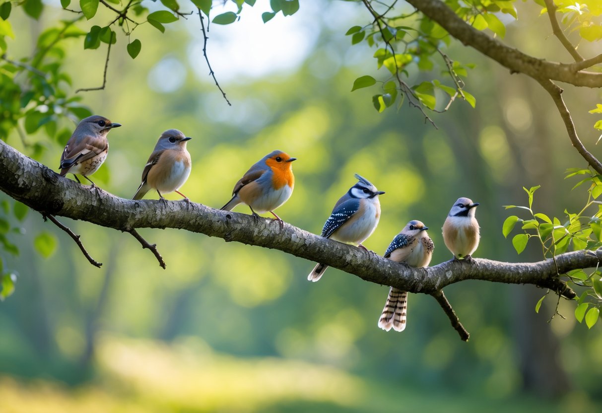 Several small birds perched on tree branches in a sunlit forest clearing.