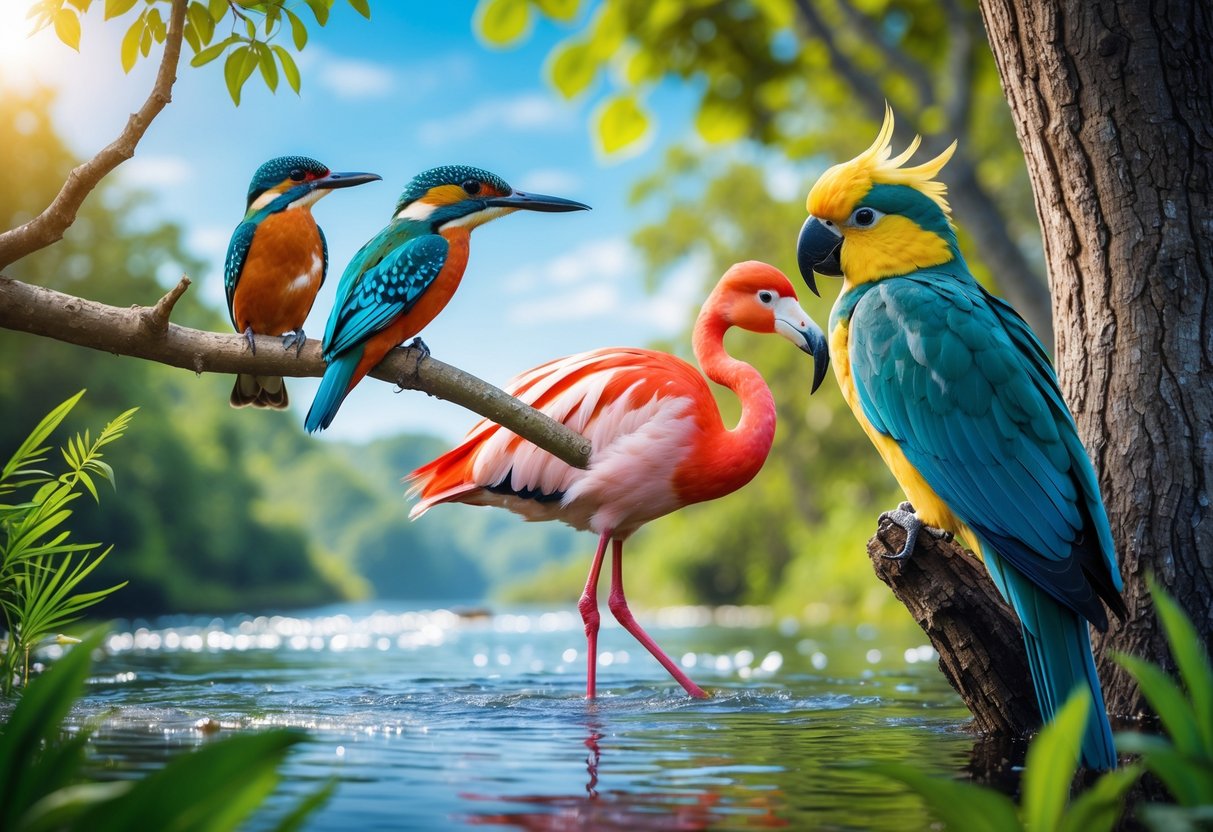A group of colorful birds including a kingfisher, woodpecker, flamingo, and cockatoo in a natural outdoor setting with trees and water.
