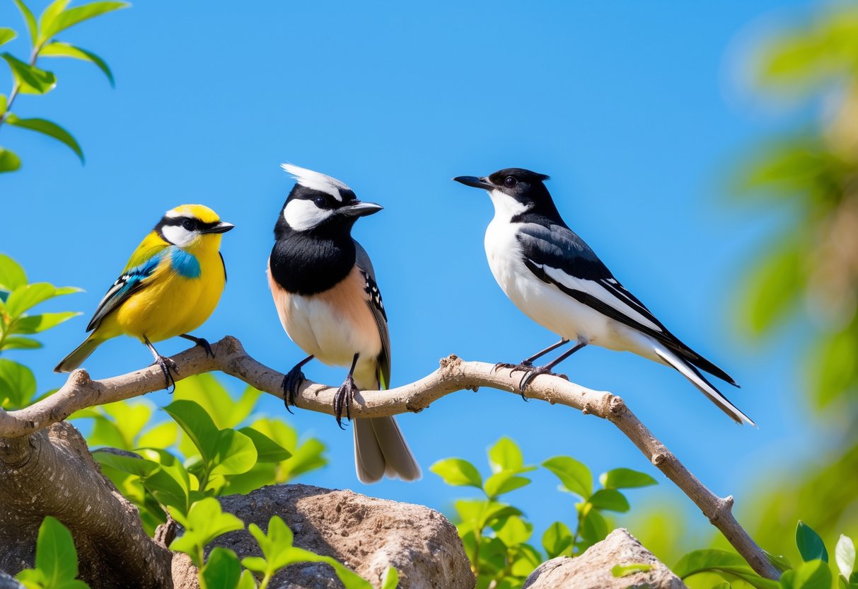 Three different small birds perched on branches and rocks outdoors with green leaves and a blue sky in the background.