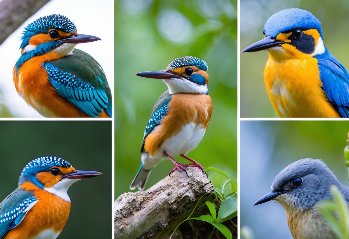 A collage of colorful and detailed close-up portraits of various unique birds perched in natural settings.