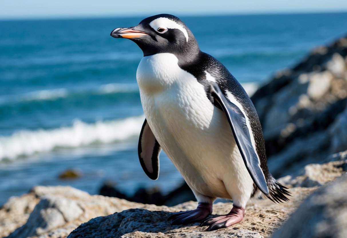 A penguin standing on rocky ground near the ocean with its wings visible but unable to fly.