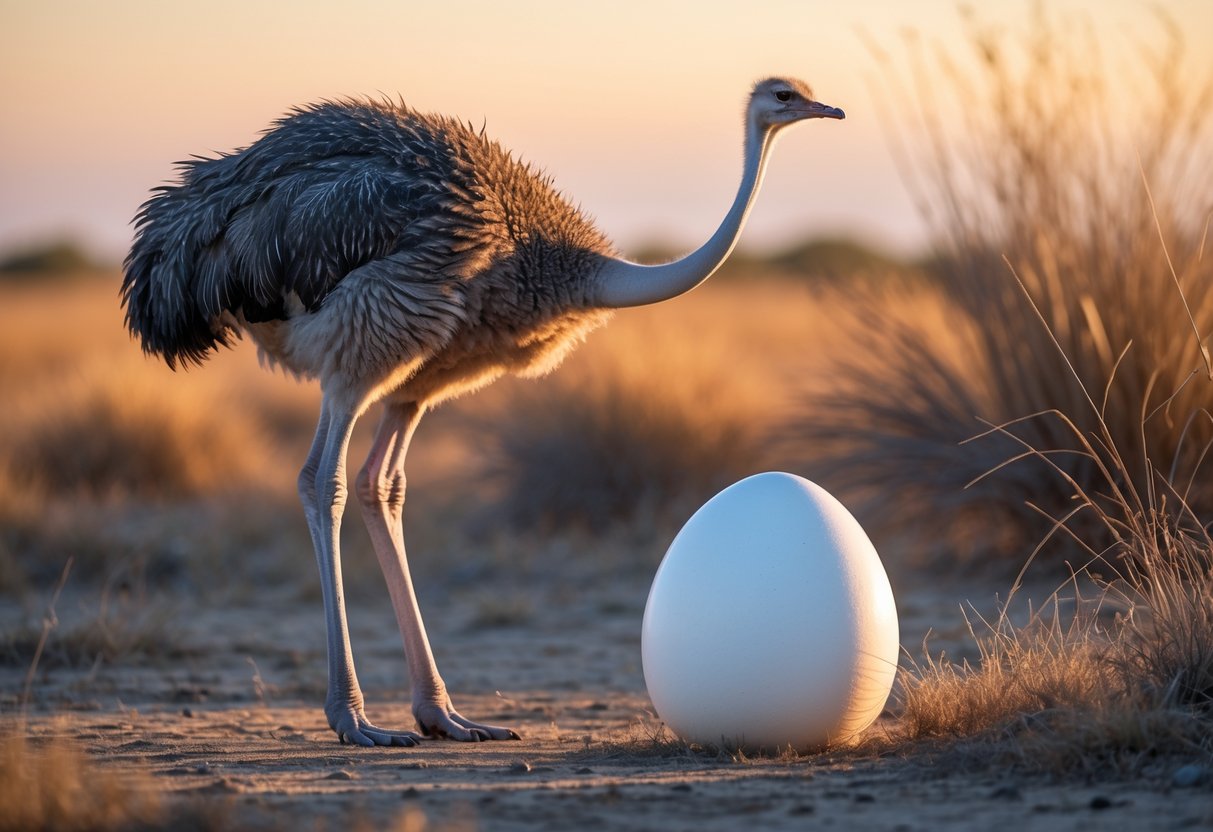 An ostrich standing next to a large white egg on the ground in a grassy savannah.