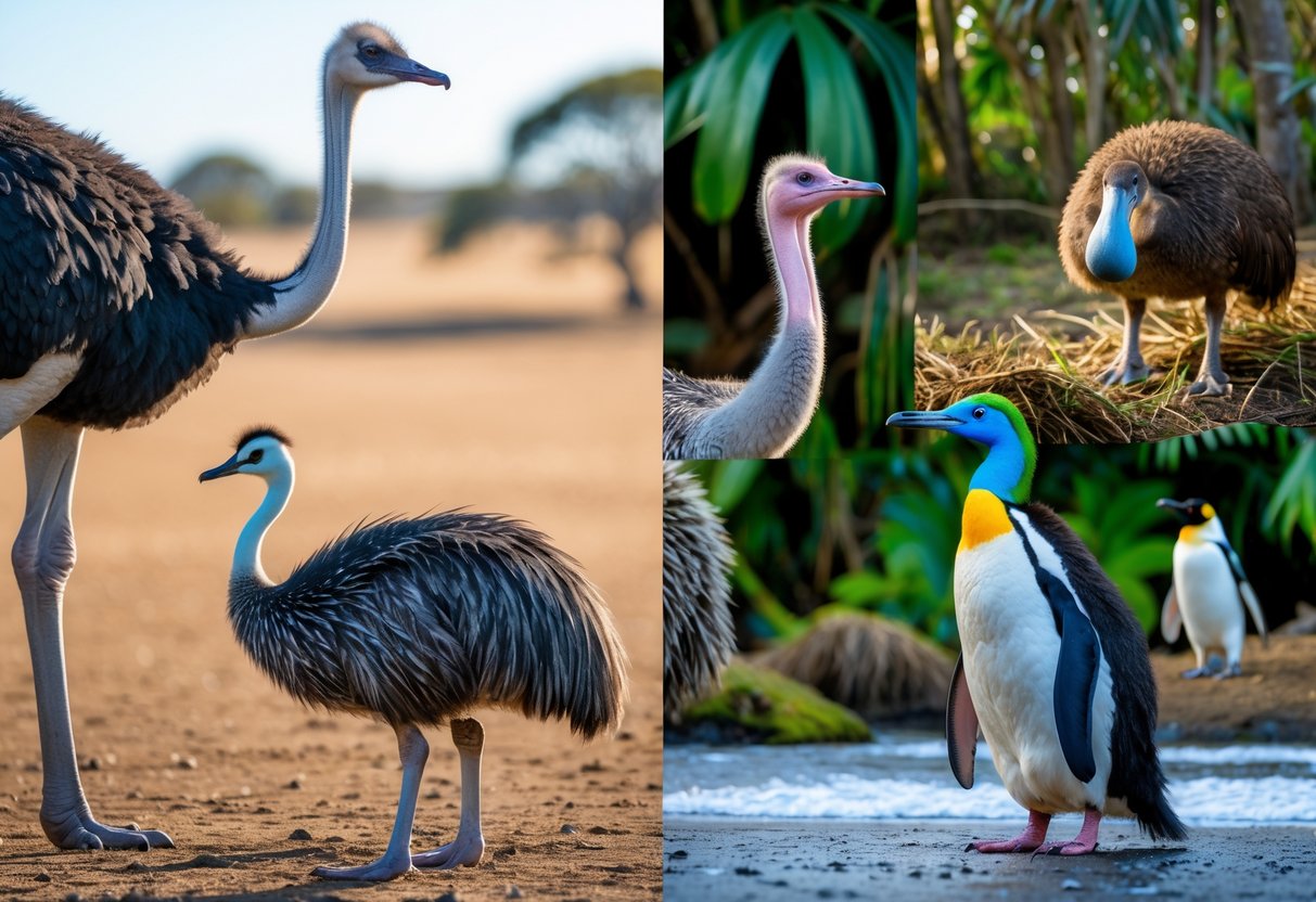 A group of different flightless birds including an ostrich, emu, kiwi, cassowary, and penguin in their natural habitats.