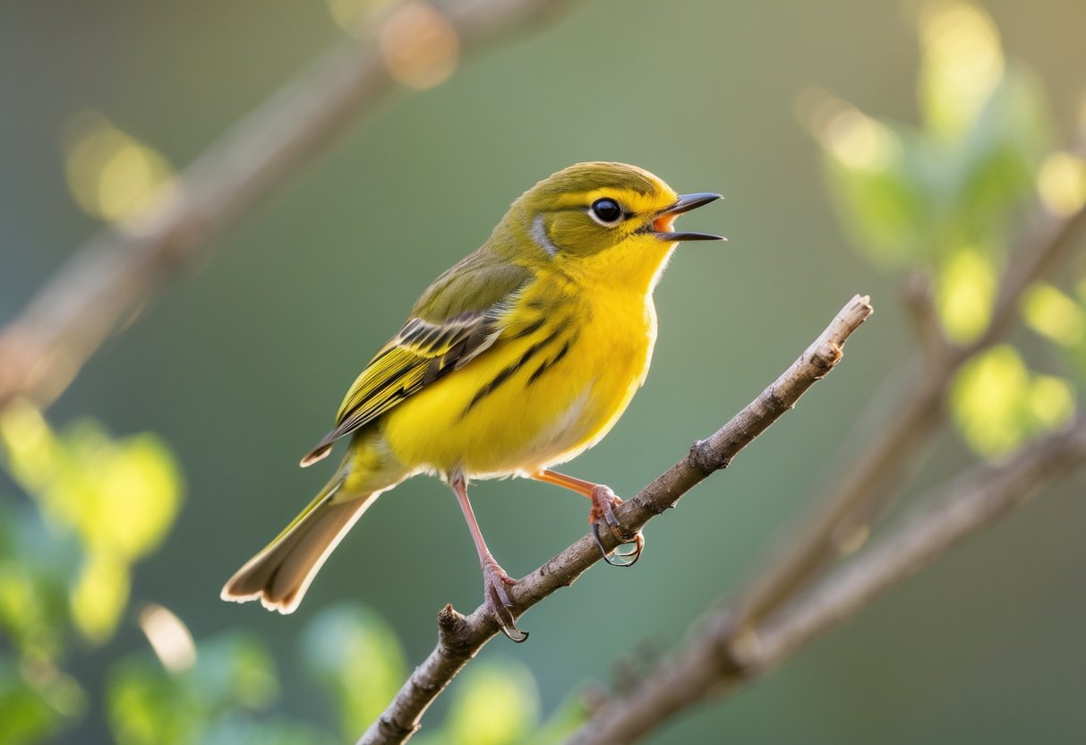 A small yellow bird perched on a branch surrounded by green leaves.