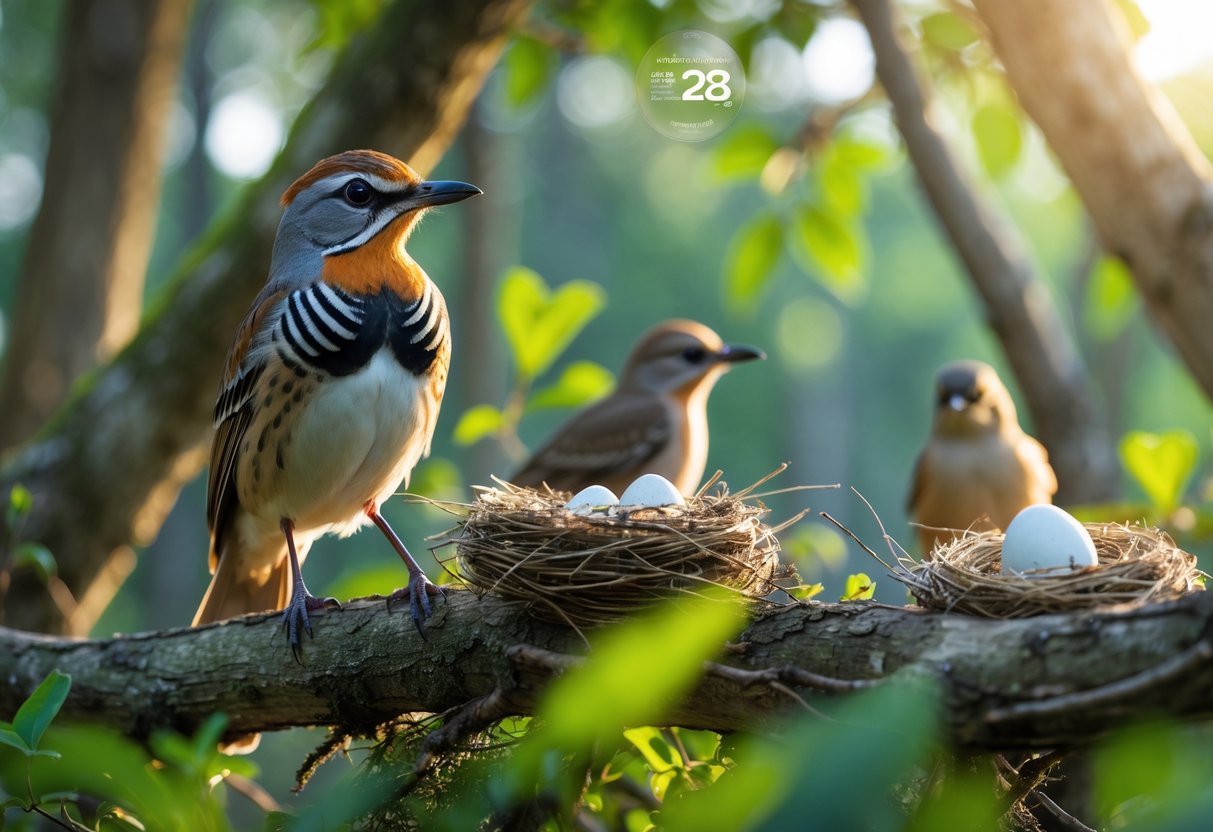 A bird perched on a tree branch in a forest surrounded by other birds and natural foliage.