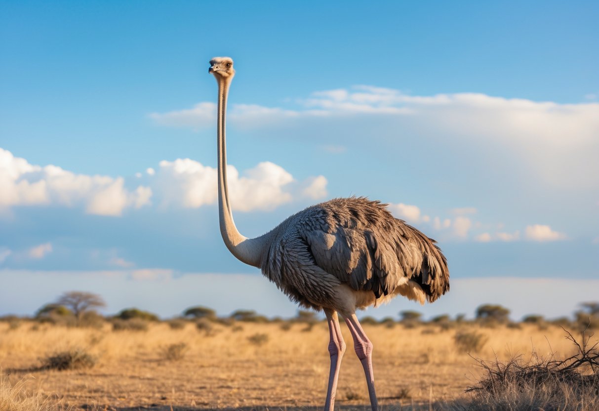 A large ostrich standing in a grassy savannah under a clear blue sky.