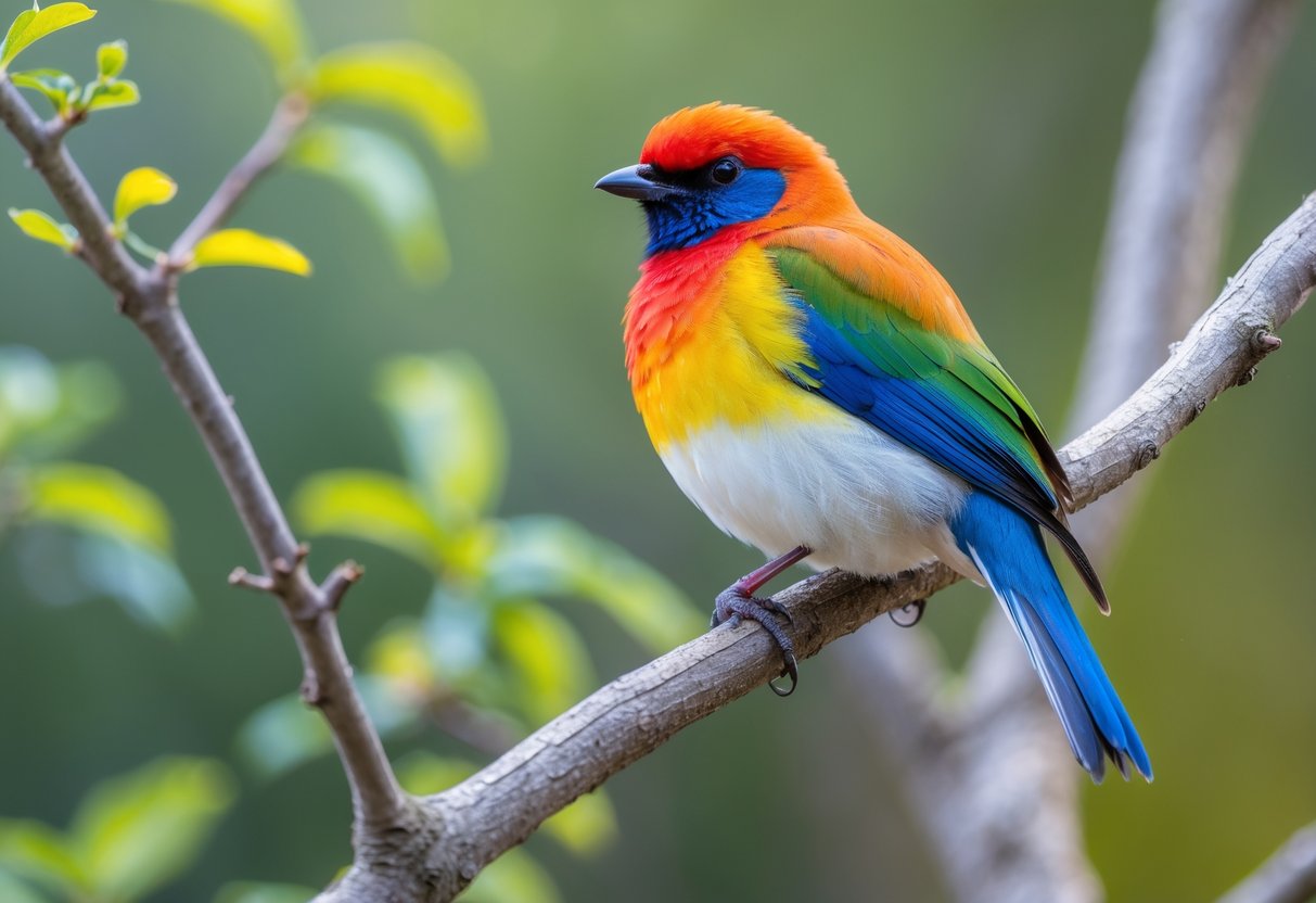 A colorful bird with nine different colors perched on a tree branch surrounded by green foliage.