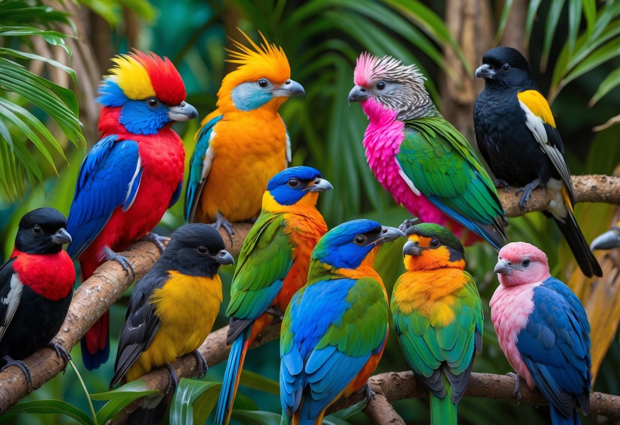 A group of brightly colored exotic birds perched on green branches with tropical leaves in the background.