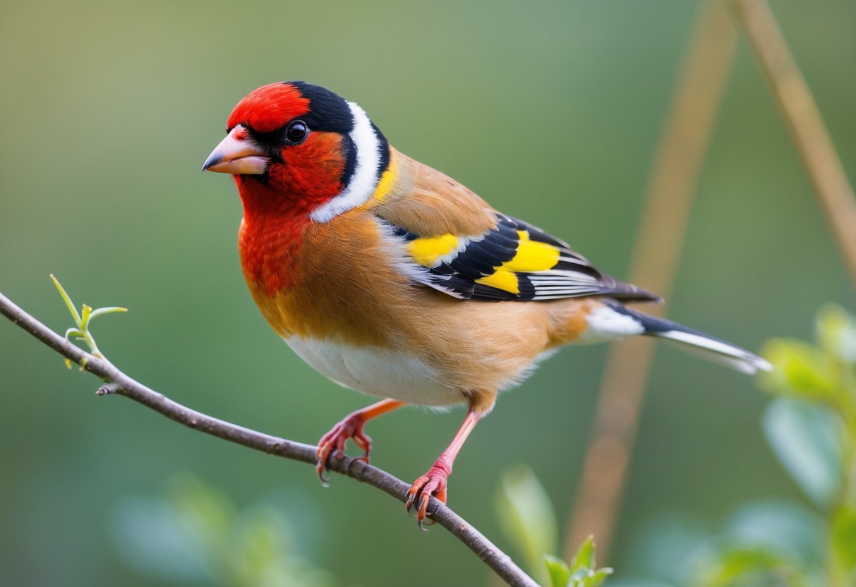A vibrant European Goldfinch perched on a branch with green foliage in the background.