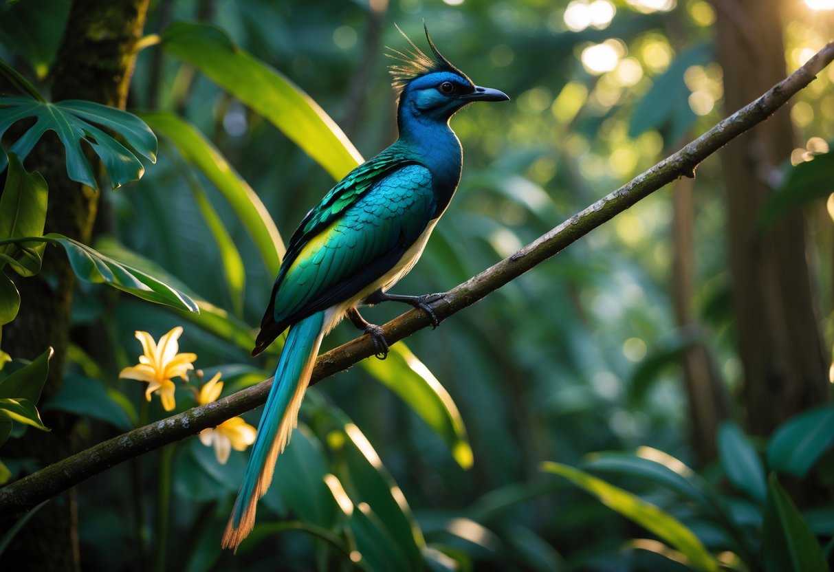 A rare exotic bird with colorful iridescent feathers perched on a branch in a dense rainforest.