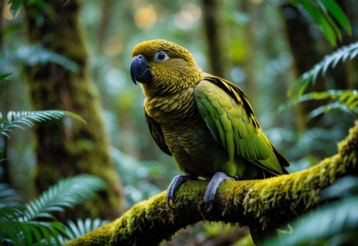 A Kakapo parrot perched on a mossy branch in a dense forest with green foliage in the background.