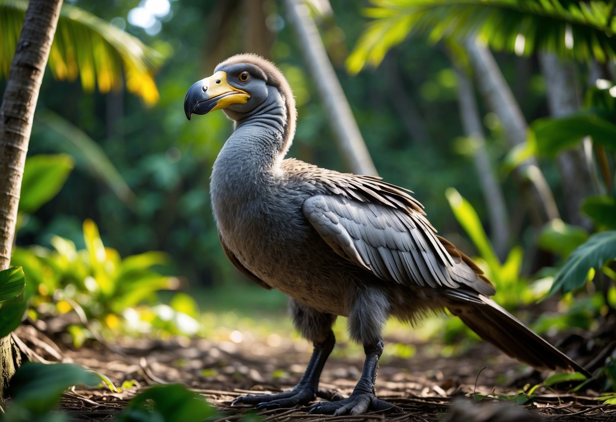 A dodo bird standing in a tropical forest clearing surrounded by green plants and sunlight.