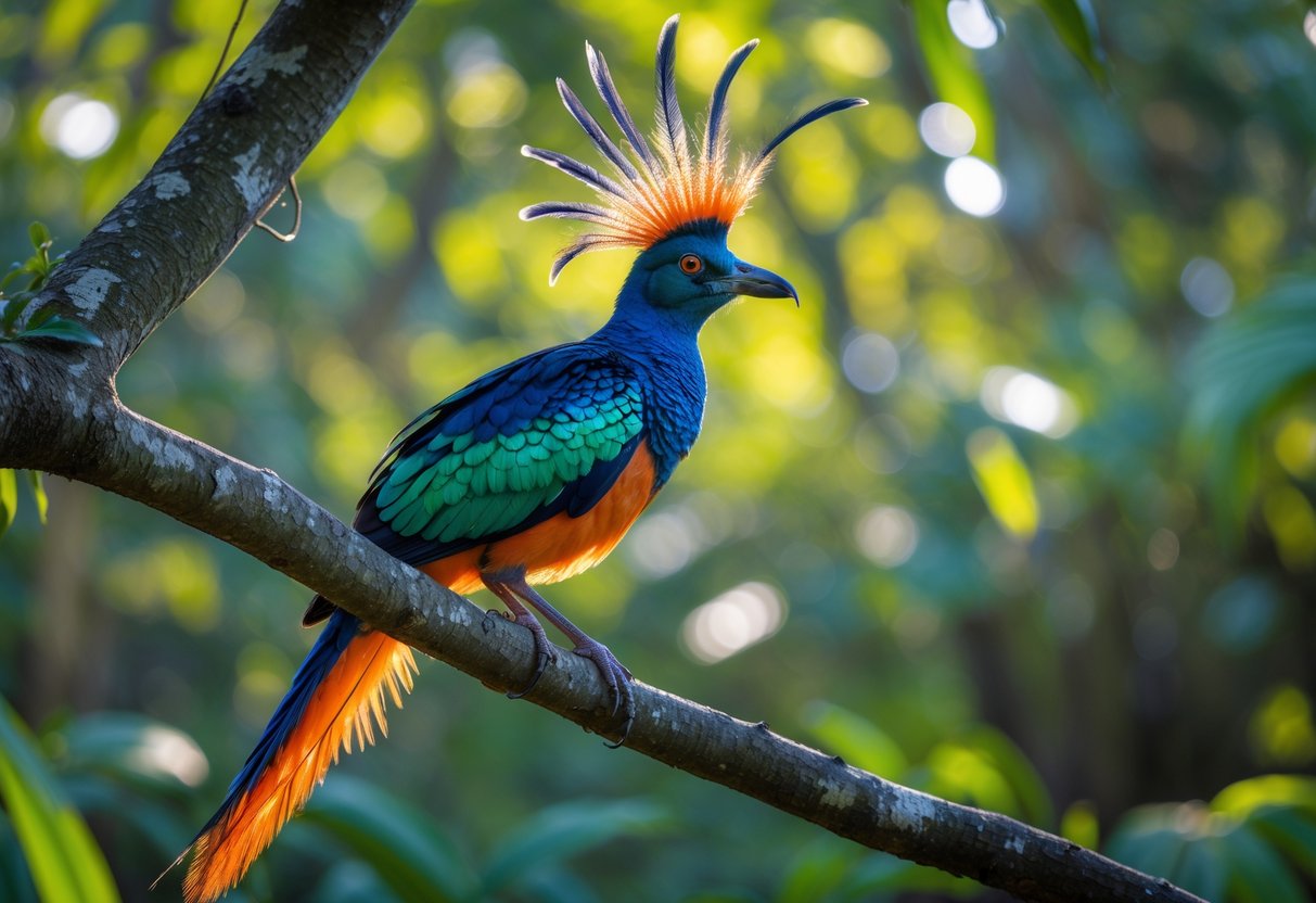 A colorful, unique bird with iridescent feathers perched on a tree branch in a forest.