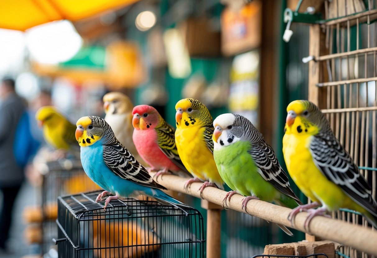 A market scene showing colorful small birds like budgerigars and finches in cages and on perches with shoppers in the background.