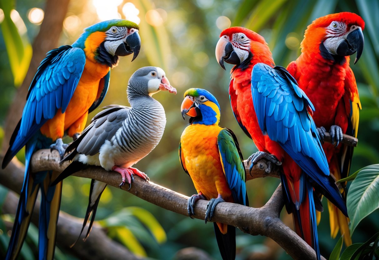 A group of colorful exotic birds including a blue Hyacinth Macaw, a Mandarin Duck, an African Grey Parrot, and a Scarlet Macaw perched on branches surrounded by green foliage.
