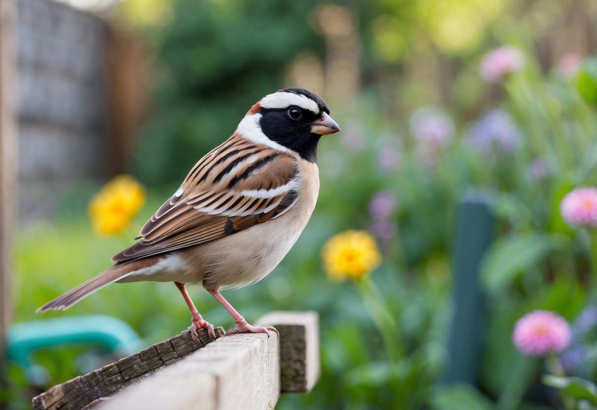 A house sparrow perched on a wooden fence in a green garden with flowers and plants in the background.