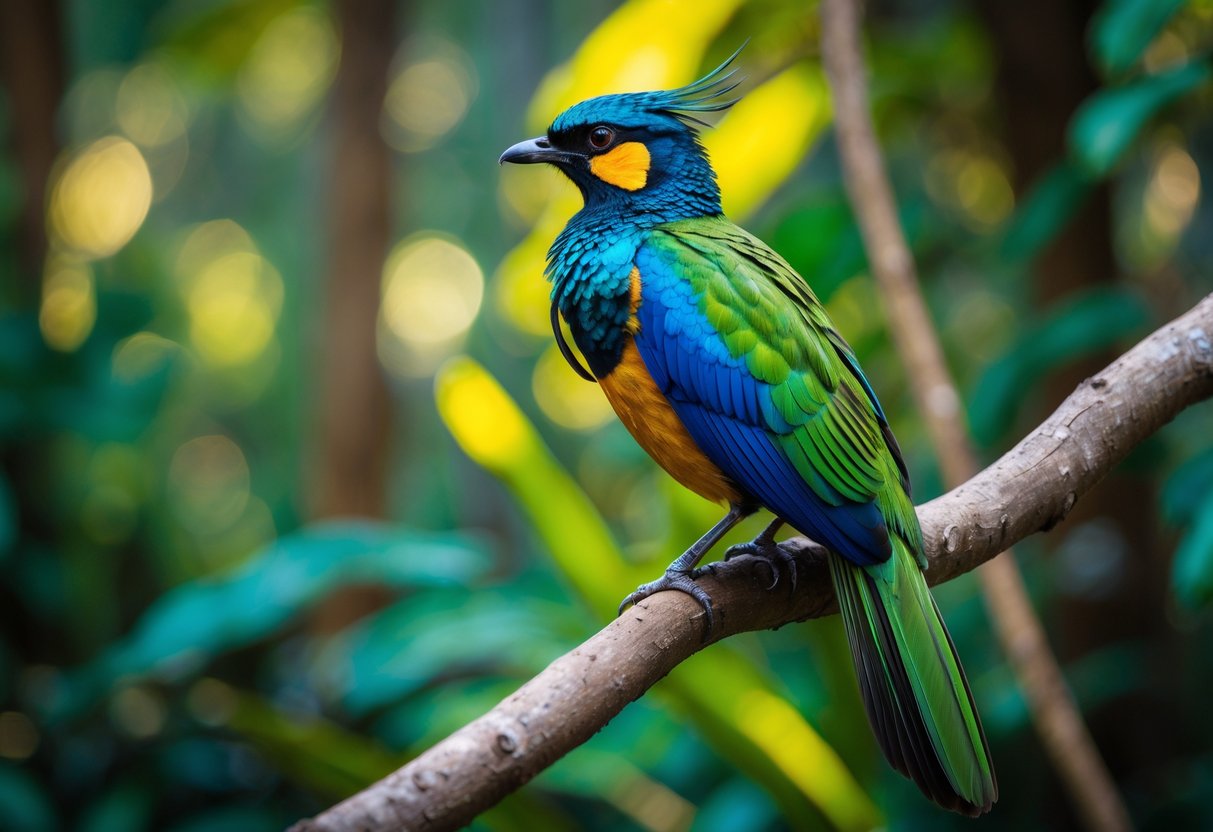 A rare and colorful bird perched on a branch in a green forest with sunlight filtering through the leaves.
