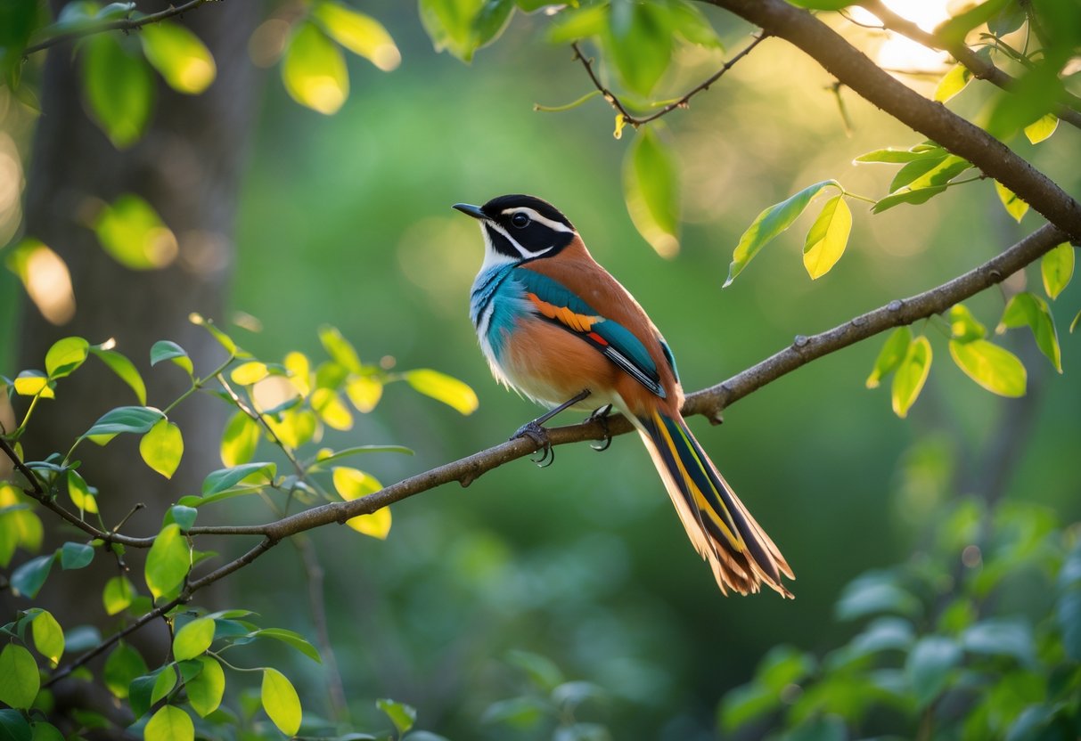 A rare colorful bird perched on a branch in a green woodland setting.