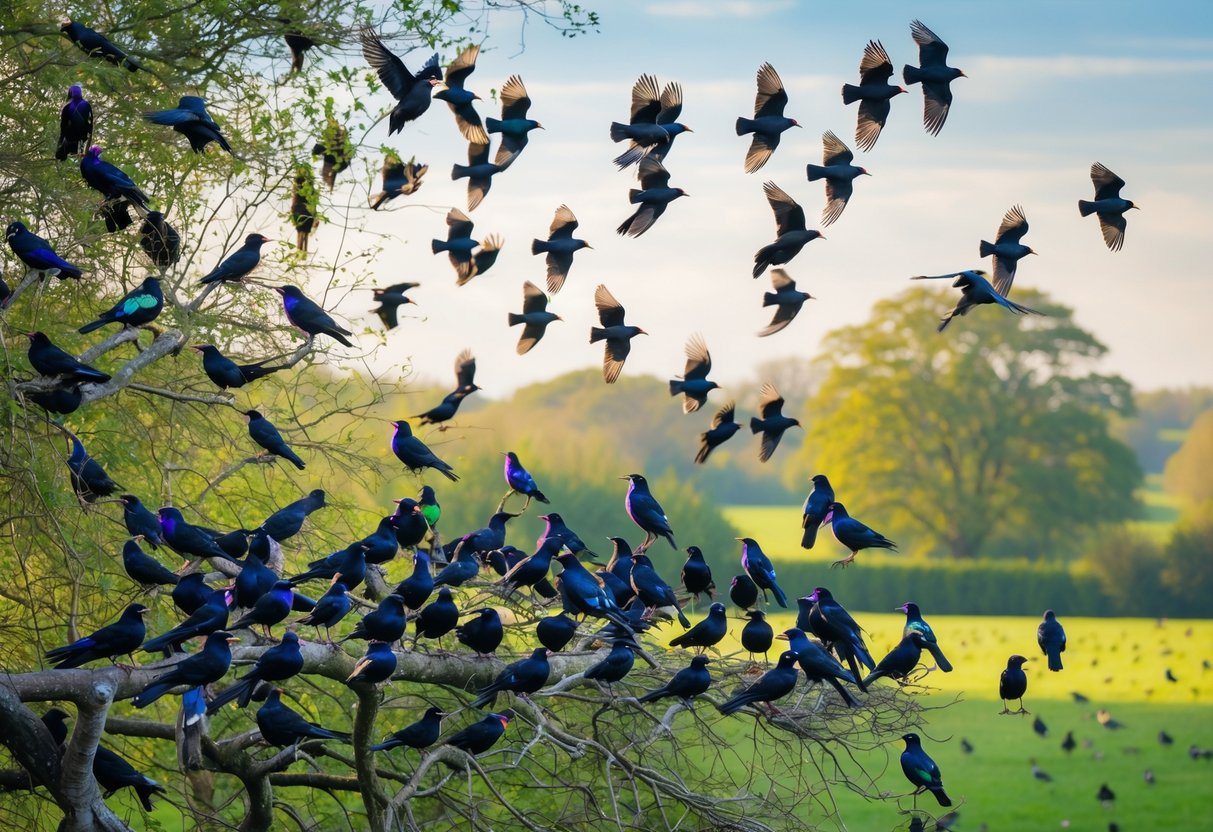A large flock of European starlings perched on tree branches and flying over a green countryside landscape.