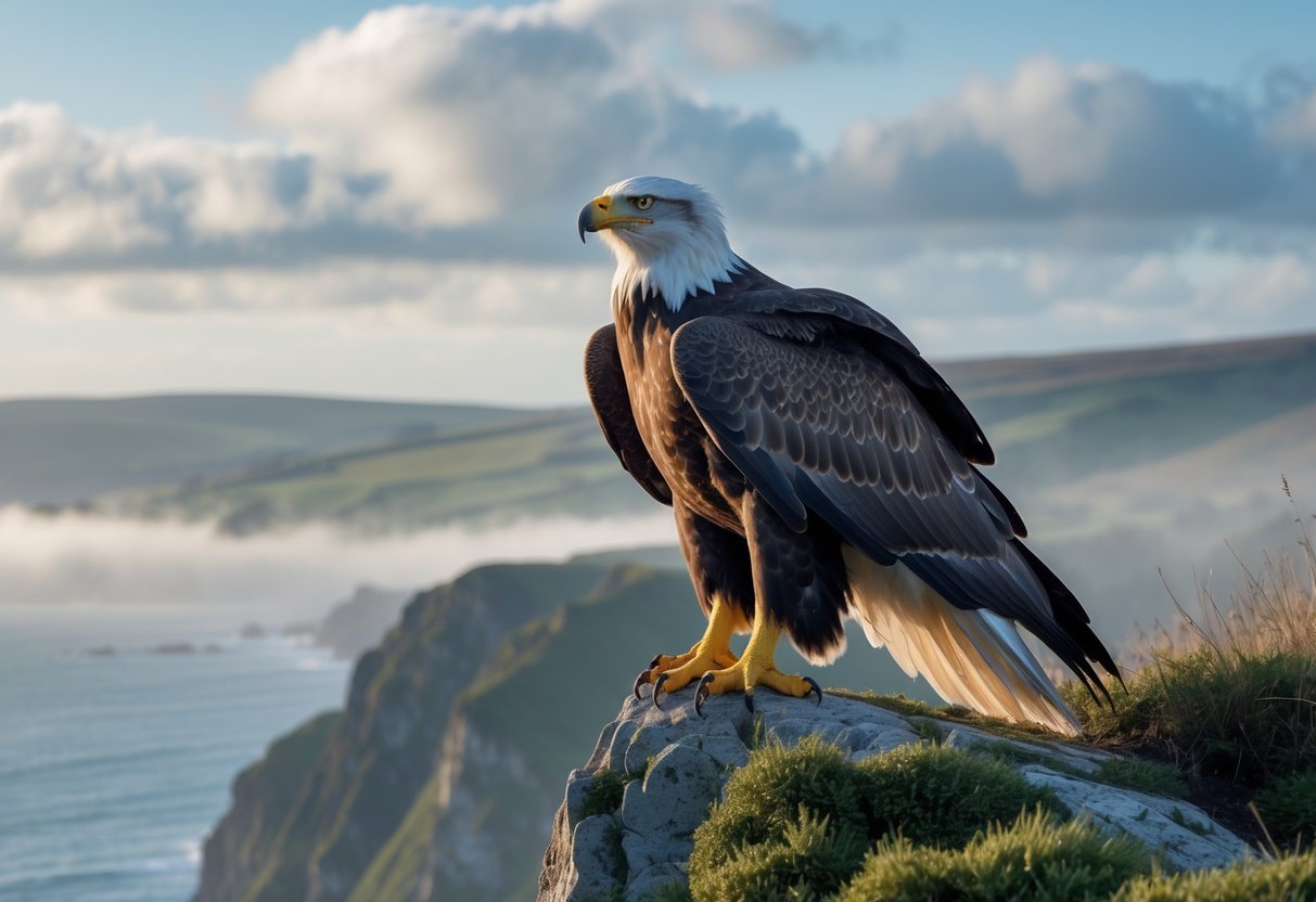 A white-tailed eagle perched on a cliff overlooking a misty coastal landscape with hills in the background.