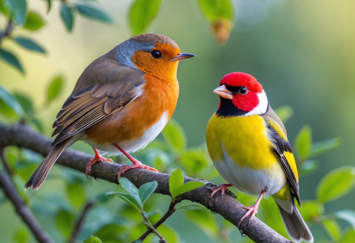 A European robin and a common goldfinch perched on branches surrounded by green leaves.