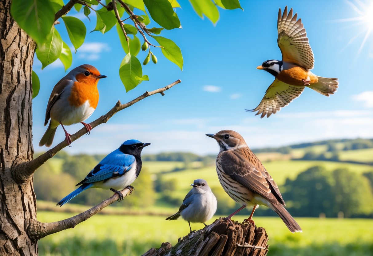A variety of common UK birds including a robin on a branch, a blue tit on a tree trunk, a blackbird on the grass, and a red kite flying in a countryside landscape.