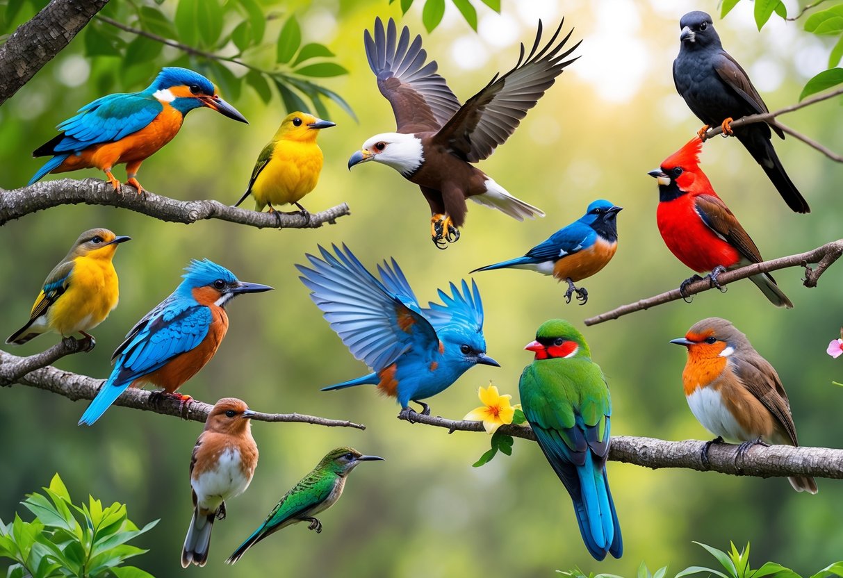 A group of ten different birds perched on branches and flying in a green forest with sunlight filtering through the trees.