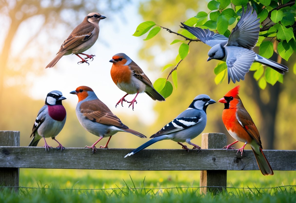 A group of common birds including a sparrow, robin, pigeon, blue jay, and cardinal in a natural outdoor park setting.