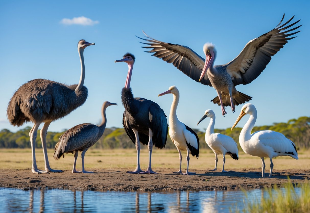 A group of the ten largest bird species including an ostrich, emu, cassowary, Andean condor, Dalmatian pelican, great bustard, wandering albatross, kori bustard, mute swan, and shoebill stork in a natural outdoor setting.