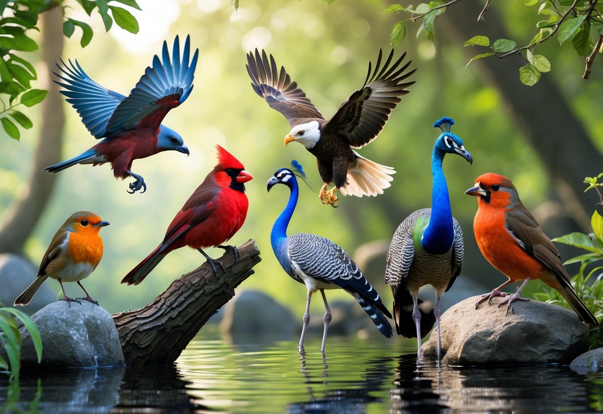 A group of various birds including a cardinal, bald eagle, blue jay, flamingo, robin, and peacock in a natural outdoor setting with trees and water.