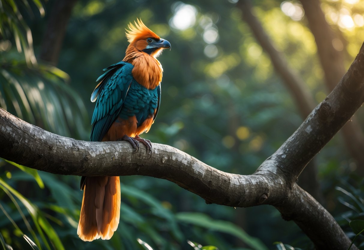 A large, colorful bird perched on a tree branch in a forest with sunlight filtering through the leaves.