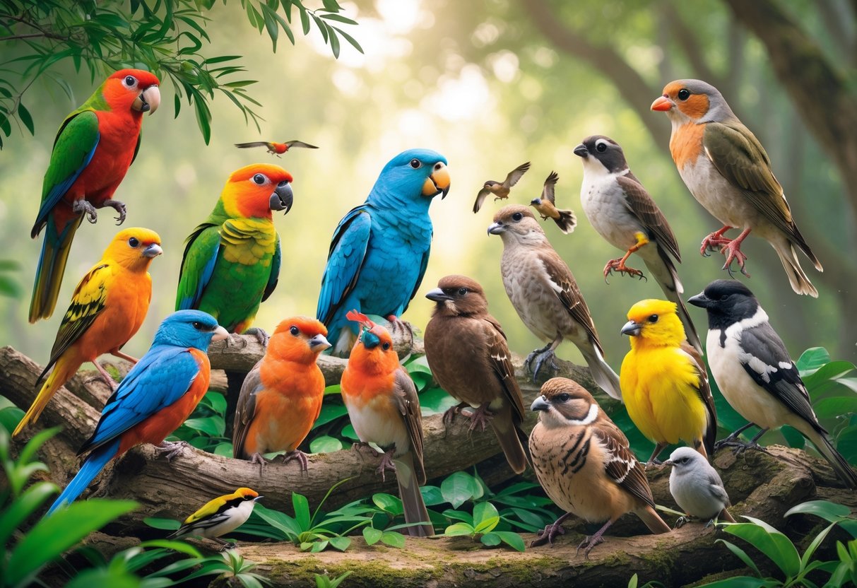 A collection of various bird species including parrots, songbirds, raptors, and finches displayed side by side in a natural outdoor setting.