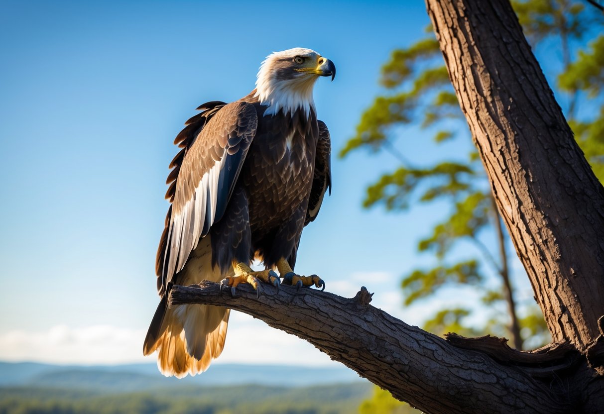 A large eagle perched on a tree branch overlooking a forest under a clear blue sky.