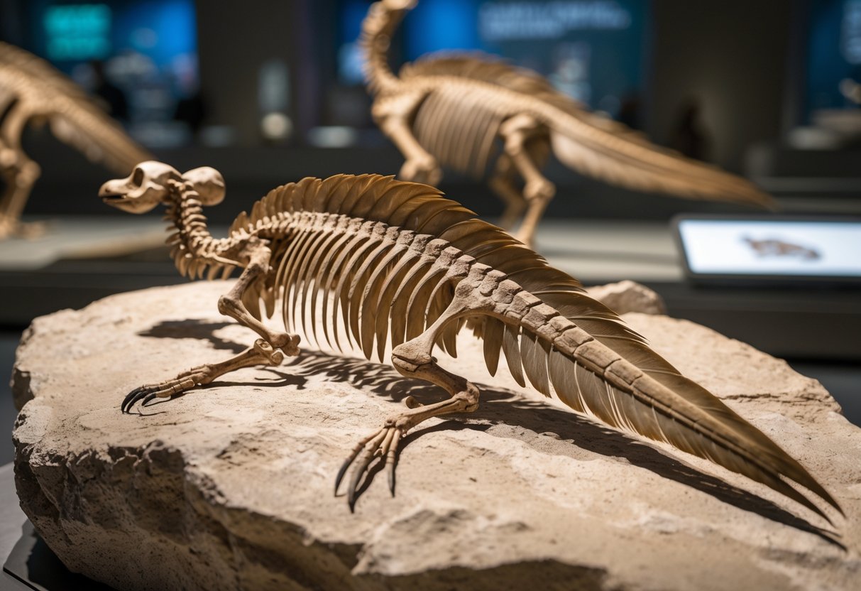 Close-up view of an Archaeopteryx fossil embedded in rock, displayed in a museum exhibit.