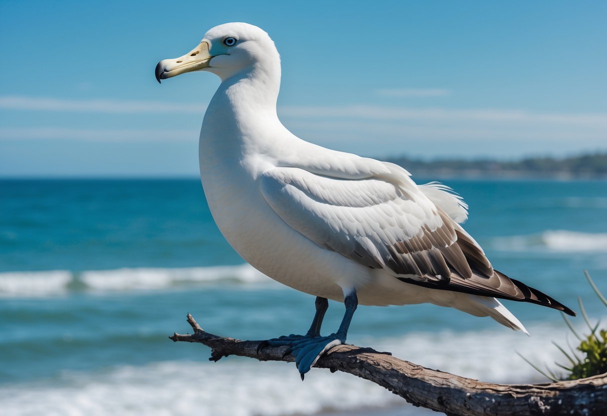 A large albatross perched on a branch overlooking a calm ocean under a clear blue sky.