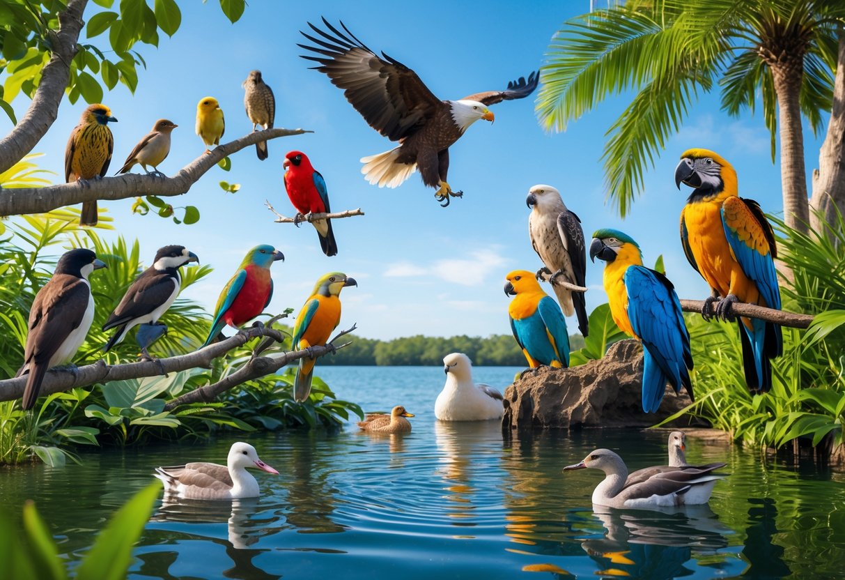 A variety of birds including songbirds, an eagle, parrots, and waterfowl in natural outdoor settings with trees, water, and sky.